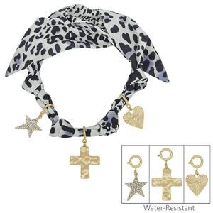 Cheetah Print Scarf Necklace | Black & White with Heart, Cross & Star Charms